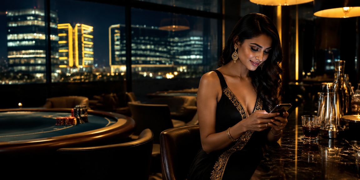 Mobile player enjoying Andar Bahar in traditional Indian dress